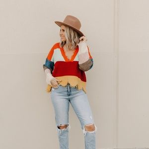 MULTI COLORED STRIPED DISTRESSED SWEATER